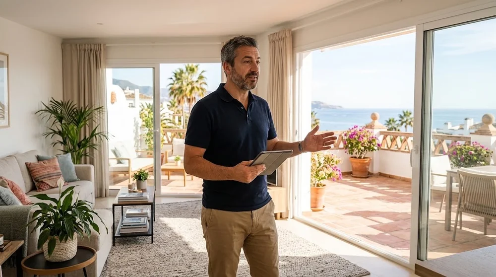 Property agent conducting a remote viewing in a Spanish apartment