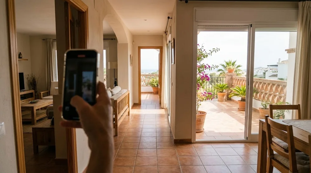 Smartphone used during a walkthrough of a Spanish home
